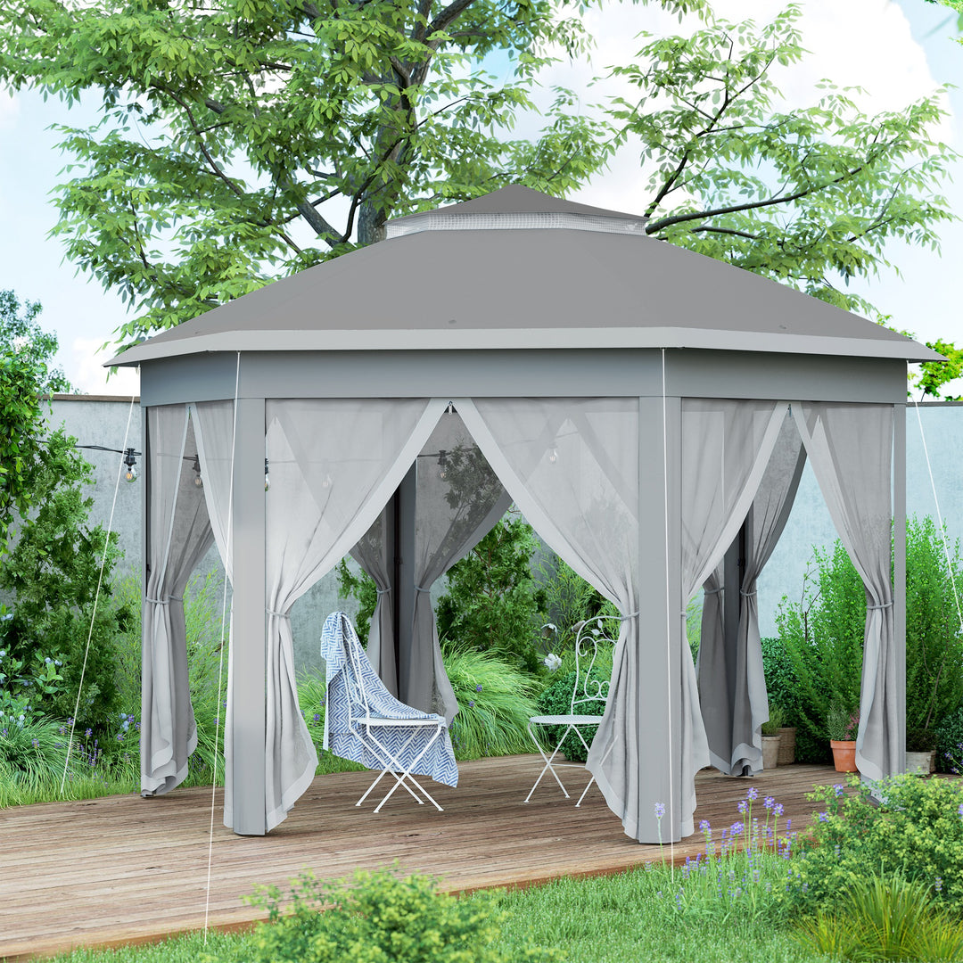 3 x 4m Garden Gazebo Hexagon Pop Up Gazebo Party Tent Canopy Double Roof Instant Shelter with Netting and Carry Bag for Outdoor Patio, Dark Grey
