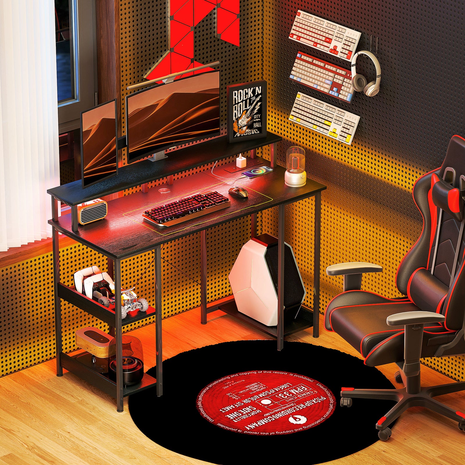 LED Computer Desk, with Power Outlets and Shelves - Black