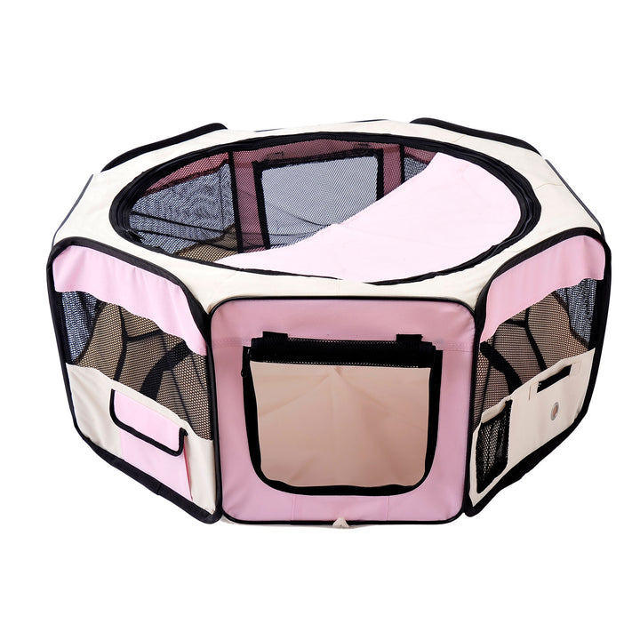 PawHut Playpen for Small Pets, Fabric Construction, Ideal for Puppies, Cats, Rabbits, Guinea Pigs, Dia90 x 41H cm, Pink and Cream | Aosom UK