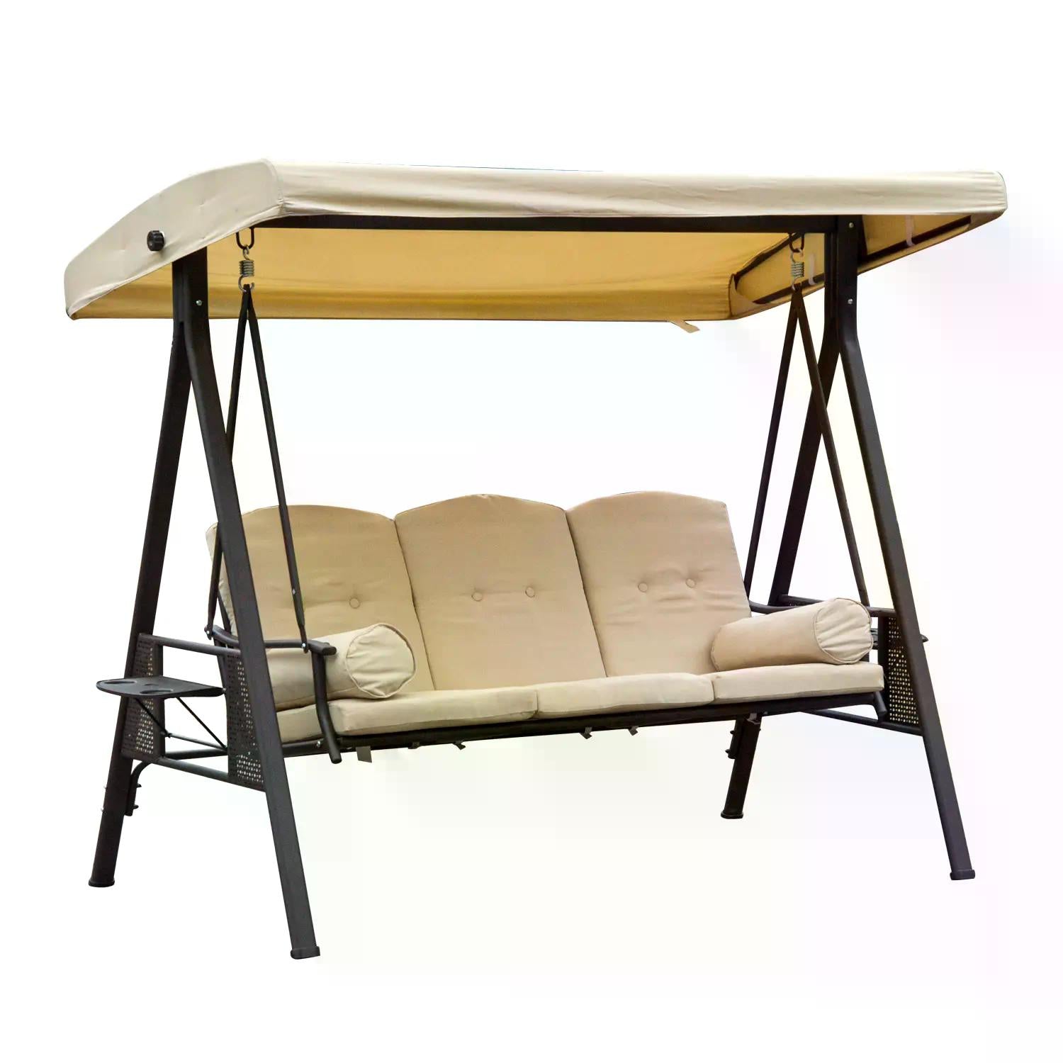 Swing Chair Hammock Chair 3 Seater Canopy Cushion Shelter Outdoor Bench Steel Beige