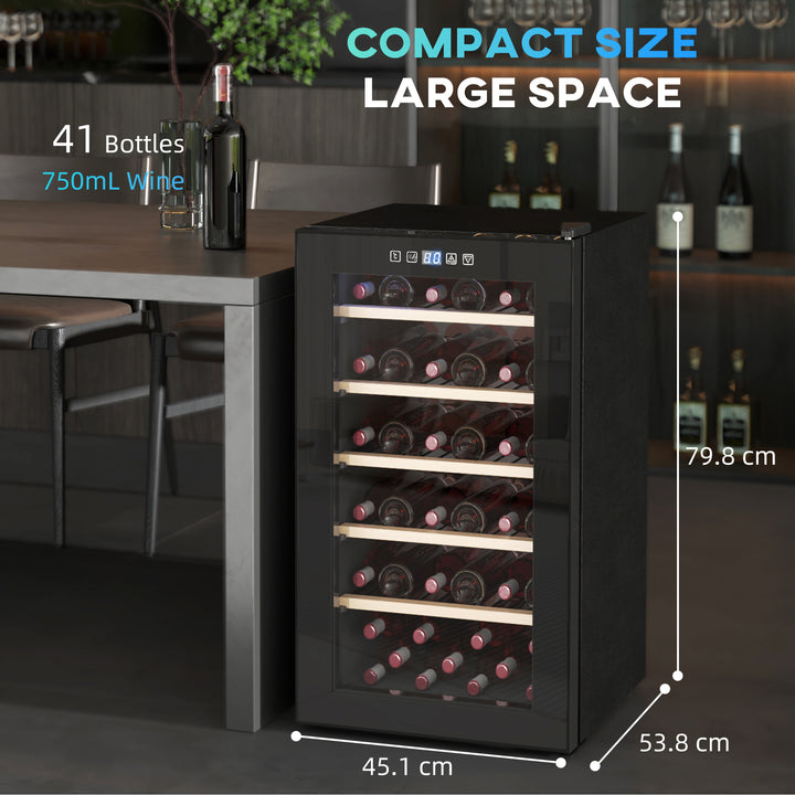 HOMCOM 41 Bottle Wine Fridge, 91 Litre Capacity, 45cm Wine Cooler Fridge with Glass Door, LED Light, Digital Touch Screen, Temperature Control, Freestanding Wine Refrigerator, Black