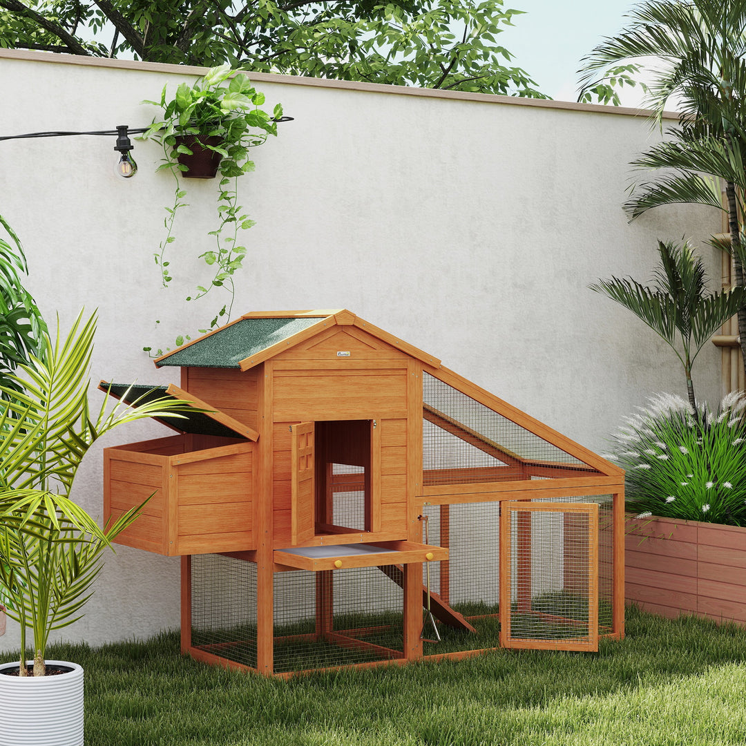 Wooden Chicken Coop with Run, Nesting Box, Slide-out Tray, Ramp, Perches, Asphalt Roof, 179 x 67 x 115cm