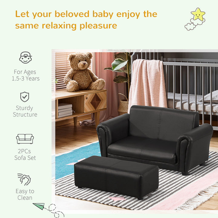 HOMCOM 2 Seater Toddler Chair Kids Twin Sofa Childrens Double Seat Chair Furniture Armchair Boys Girls Couch w/ Footstool (Black) | Aosom UK