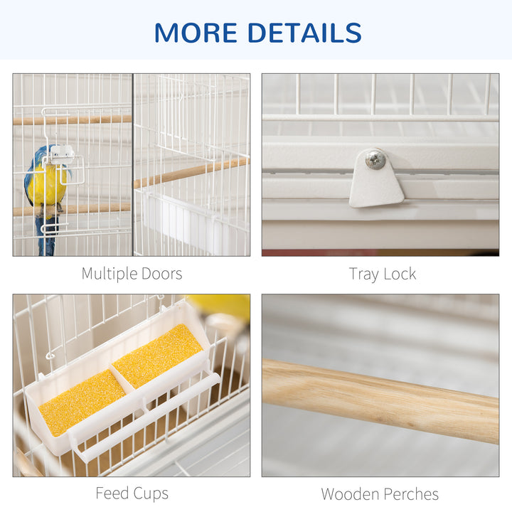 MCL Large Bird Cage Budgie Cage for Finch Canaries Parakeet with Rolling Stand, Slide-out Tray, Storage Shelf, Food Containers, White
