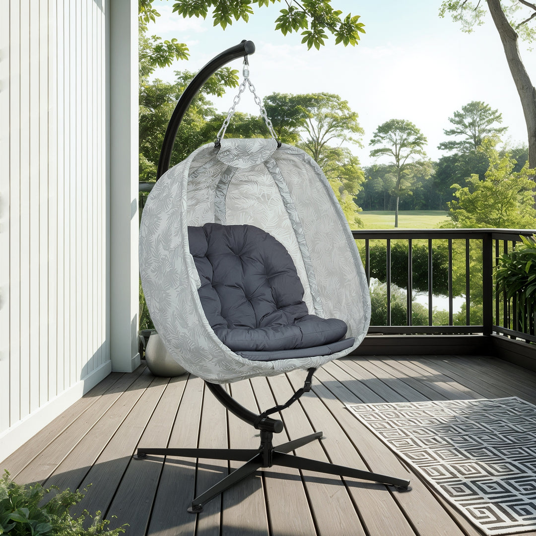 Hanging Egg Chair Outdoor Indoor Garden Swing Chair with Folding Basket, Garden Hanging Chair with Stand, Thickened Cushion, Cup Holder for Patio, Balcony, Grey