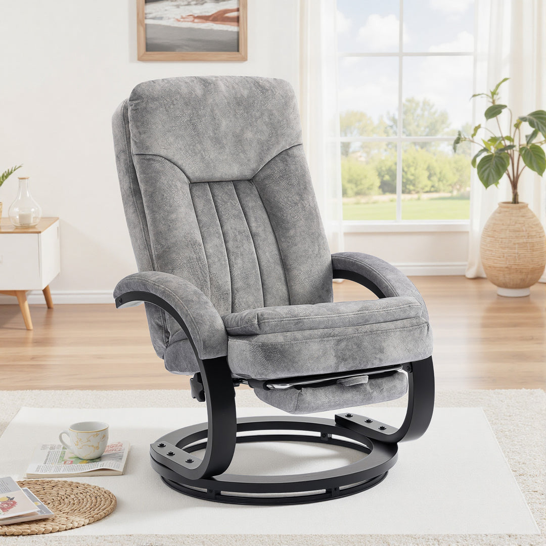 MCL Swivel Recliner Chair with Footrest, Manual Recliner Armchair with Wooden Base, Plush Velvet Upholstered Reclining Chair for Living Room, Bedroom, Office, Grey