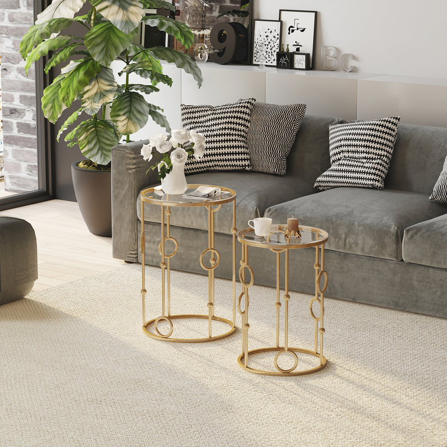 Round Coffee Tables Set of 2, Gold Nesting Side End Tables with Tempered Glass Top, Steel Frame for Living Room, Gold