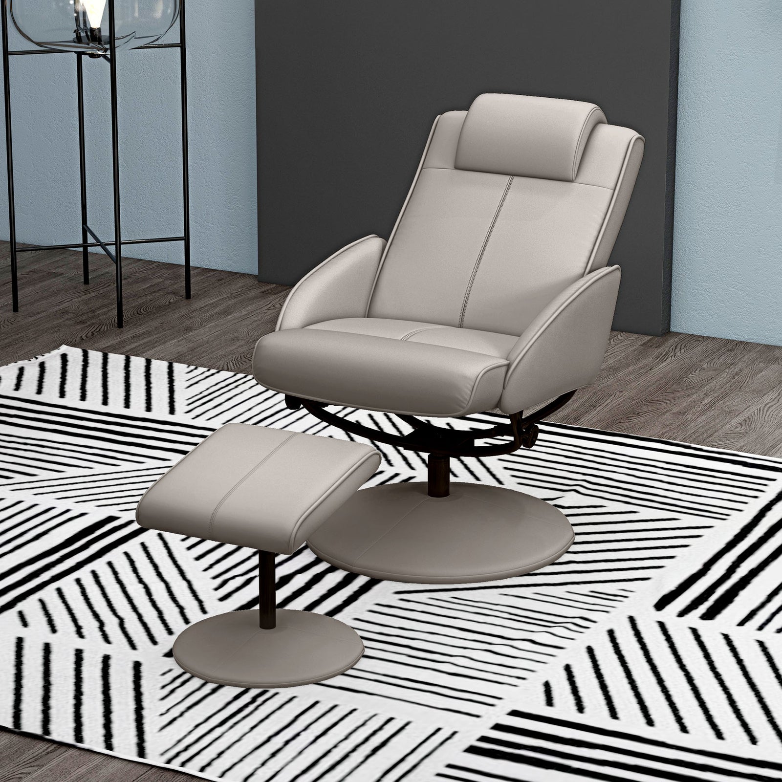 Recliner Chair and Footstool, Swivel PU Leather Upholstered Armchair with Footstool and Adjustable Backrest for Living Room, Bedroom, Grey