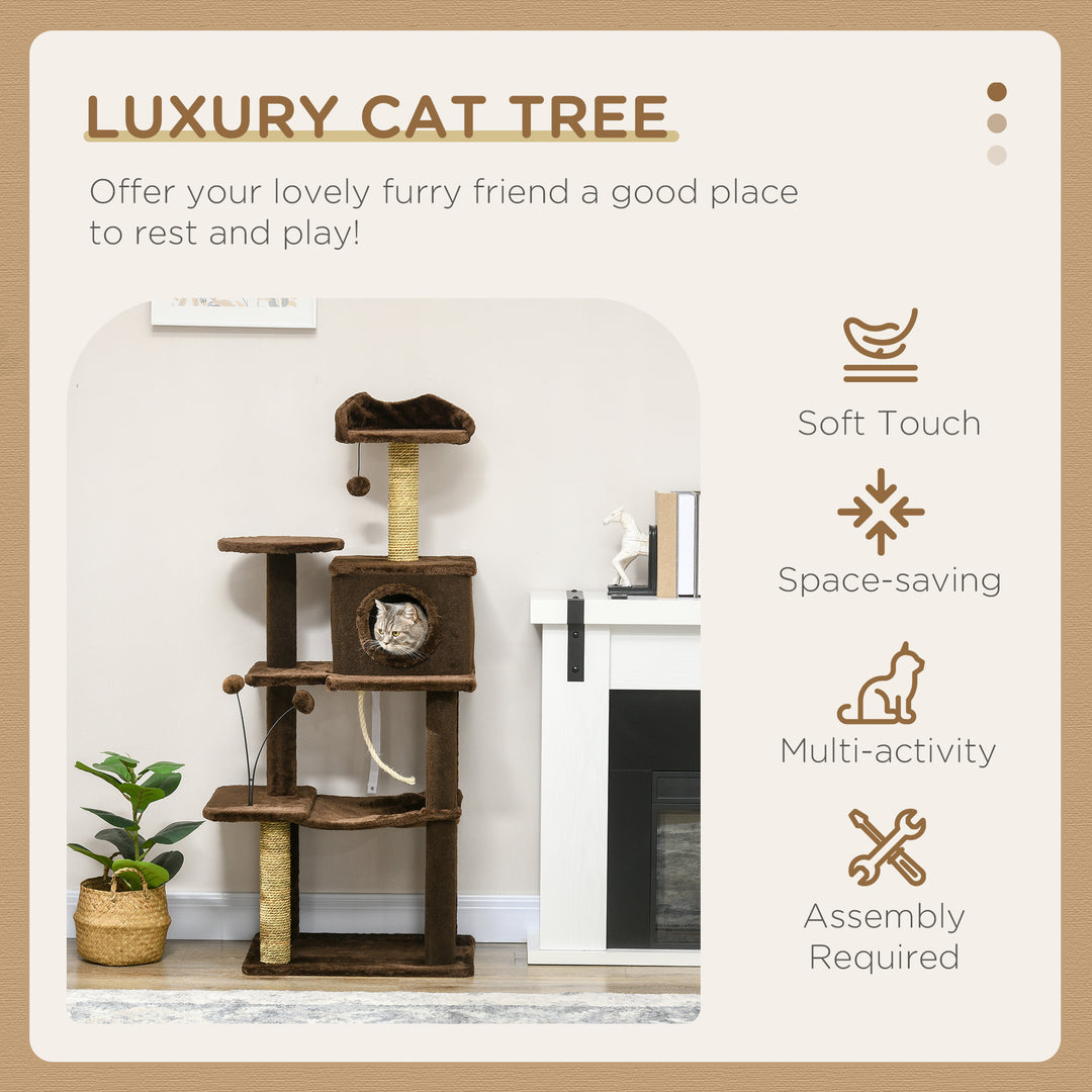 PawHut 136cm Cat Tree for Indoor Cats, Modern Cat Tower with Scratching Posts, house, Platforms, Toy Ball - Brown | Aosom UK