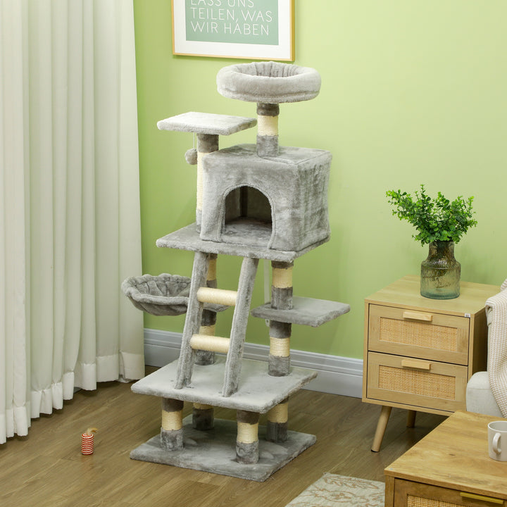 132cm Cat Tree with Scratching Post, House, Hammock, Toy Balls - Grey
