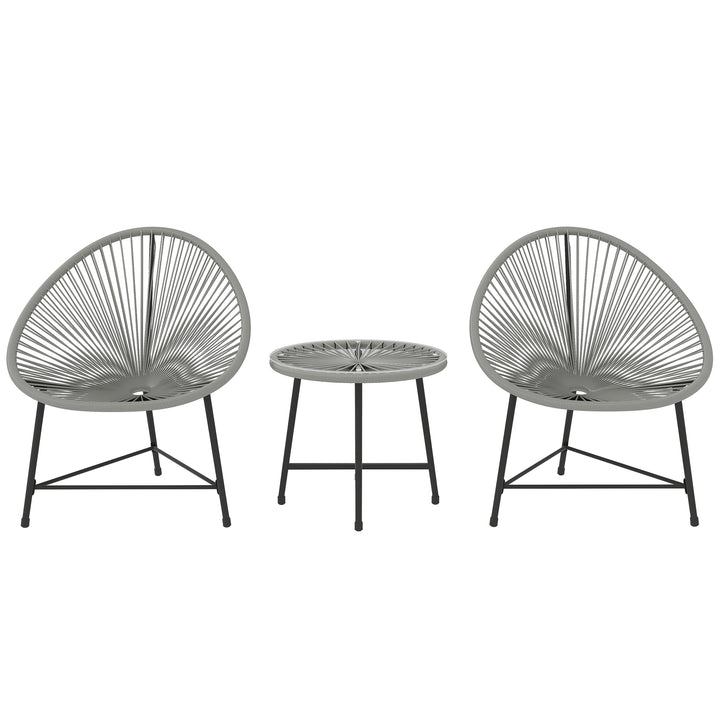 3 Pieces Rattan Bistro Set, Garden Bistro Set with Acapulco Chairs and Glass Top Table, Small Garden Furniture Set with Reinforced Metal Frame for Outdoor, Patio, Balcony, Grey