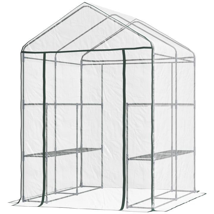 Outsunny 143 x 143 x 195 cm Walk-In Greenhouse 3 Tiers Portable Grow House w/ 8 Shelves, Metal Frame, PVC Film, Transparent