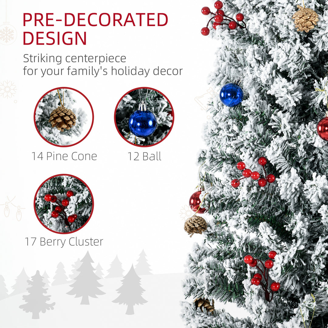 HOMCOM 7.5' Artificial Prelit Christmas Trees Holiday Décor with Warm White LED Lights, Flocked Tips, Berry, Pine Cone | Aosom UK