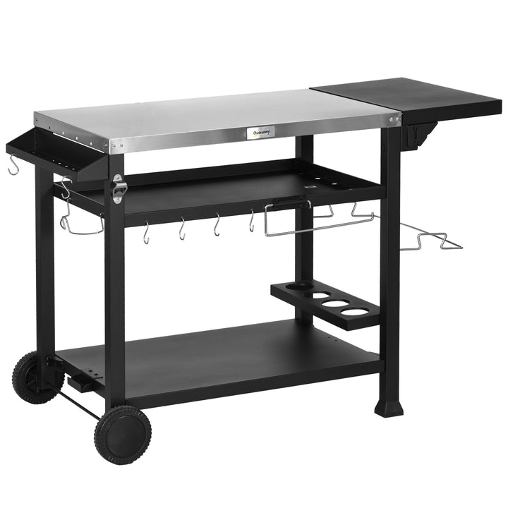 Multi-Feature BBQ Grill Table, with Stainless Steel Top - Black
