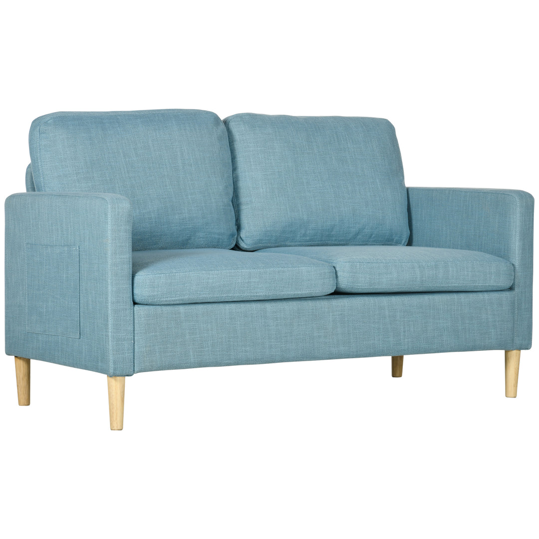 Two Seater Sofa for Living Room, Modern Fabric Couch with Wood Legs and 2 Pockets for Bedroom and Home Office, Blue