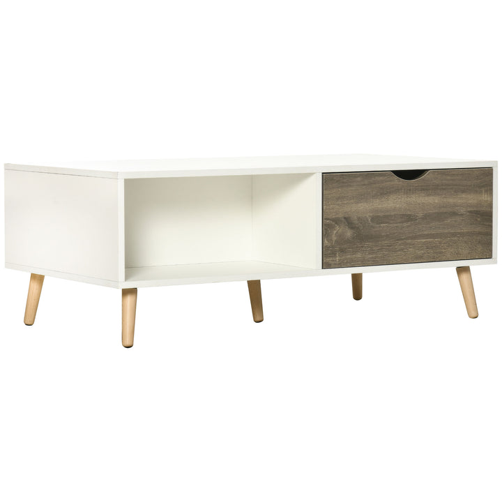 MCL Coffee Table, Modern Tea Table with Open Storage Shelves, Two Drawers and Solid Wood Legs, Coffee Tables for Living Room, Bed Room, White