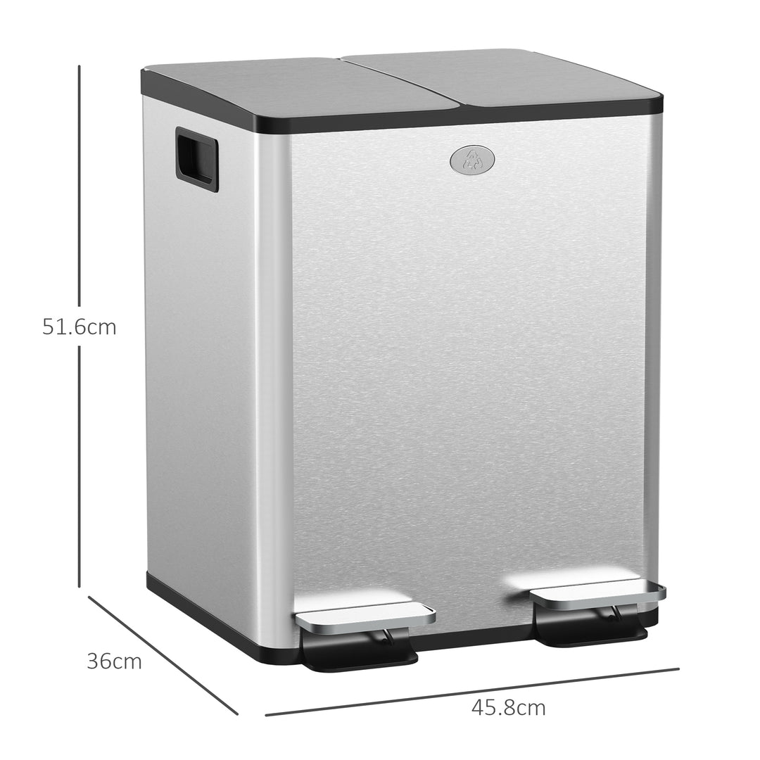 HOMCOM 2 x 20L Pedal Bin, Steel Dual Kitchen Bin with Soft Close Lid, Removable Inner Buckets, Fingerprint-Proof, Silver