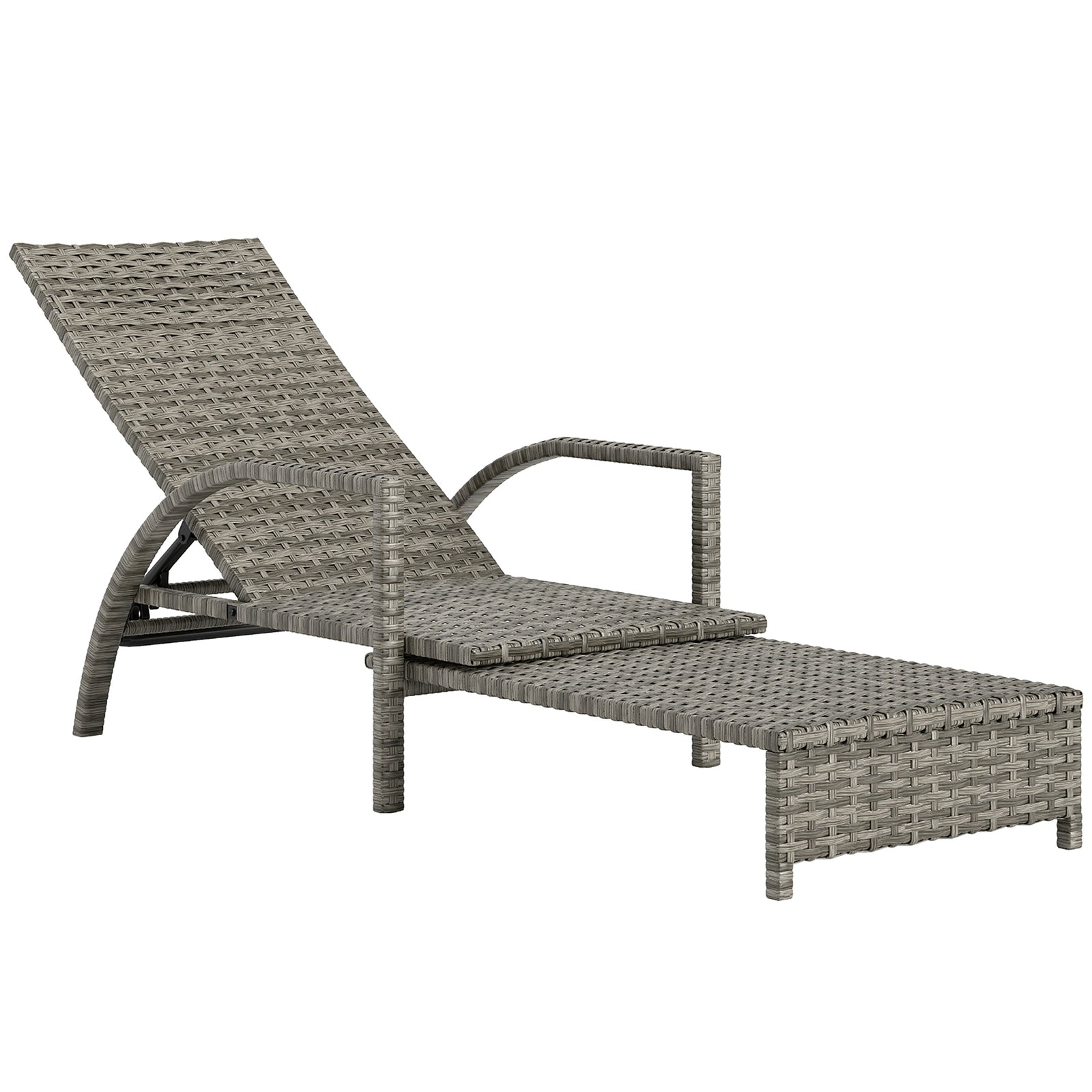 Reclining Rattan Lounger, with Extending Footrest - Grey