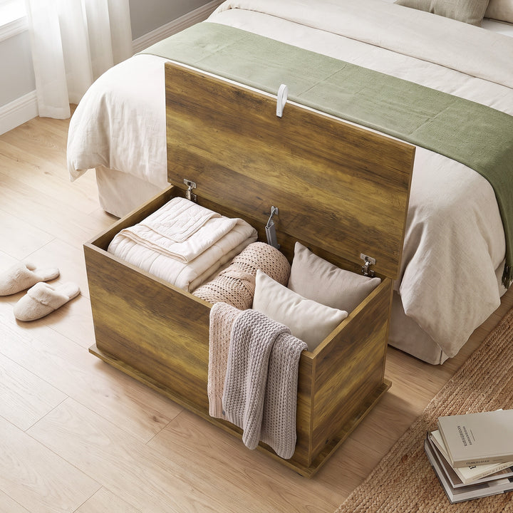 Storage Chest, 102L Blanket Box, Shoe Bench with Safety Hinged Lid, Be