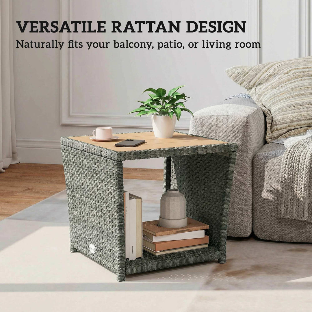 Side Table 2-Tier Outdoor Coffee Table with Storage Shelf PS Wood Slat
