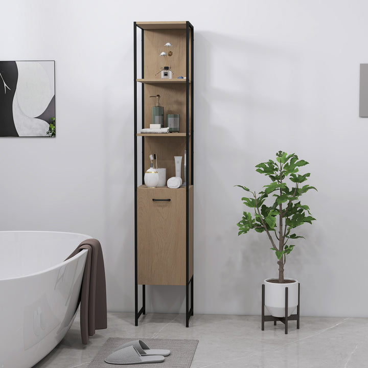 Tall Bathroom Cabinet with Open Shelves and Adjustable Shelf - Natural Wood Finish