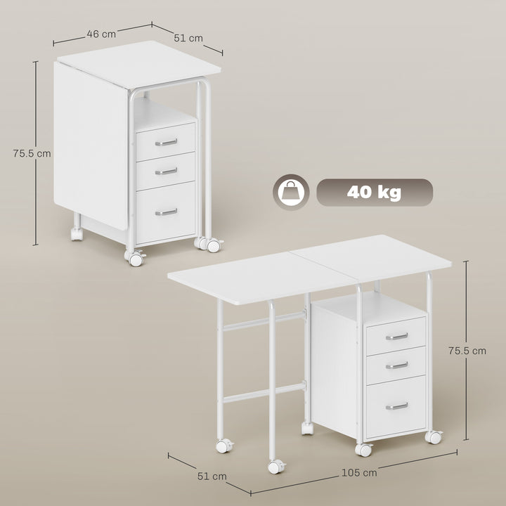 105 x 51 cm Foldable Office Deskwith 3 Drawers, Extendable Top - view 3