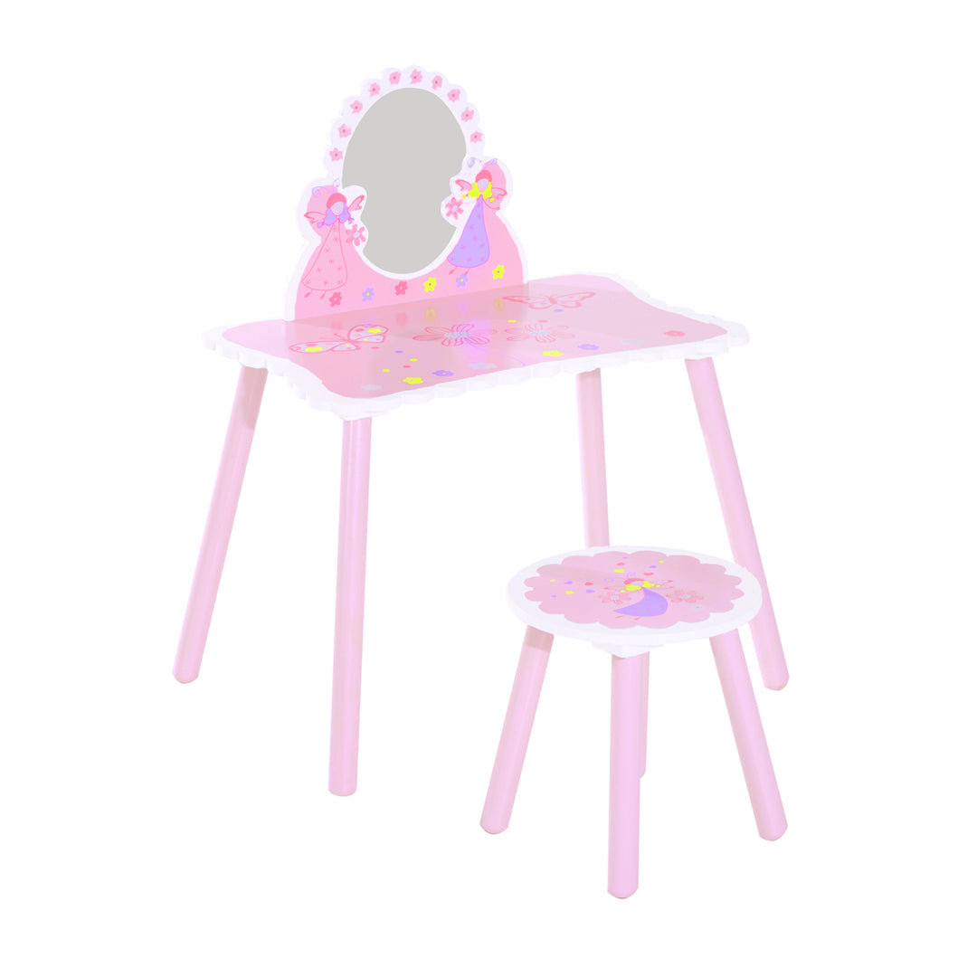 MCL Kids Dressing Table Girls Pink Wooden Kids Dressing Table & Stool Make Up Desk Chair Toys Fairy Dresser Play Set w/Mirror