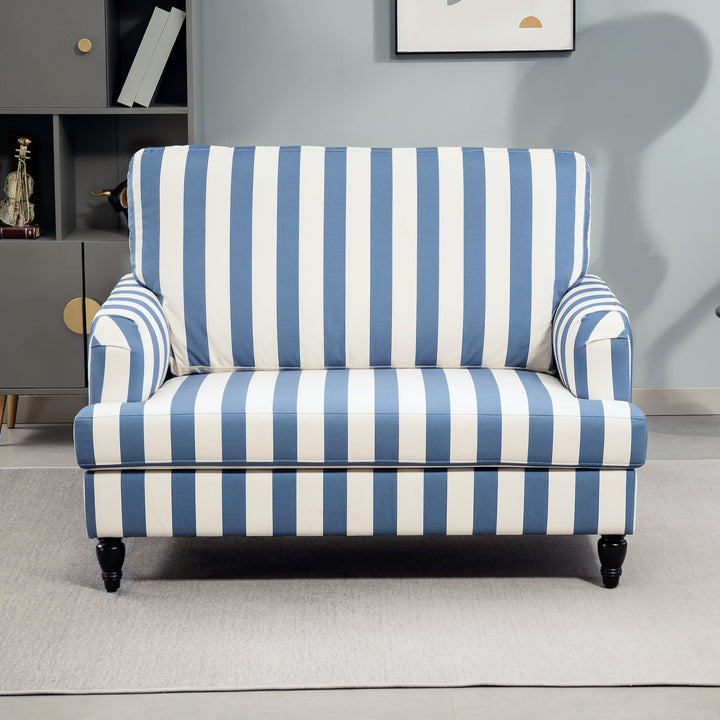 Modern Cuddle Chair, Velvet Single Sofa Armchair with Stripe, Turned Legs and Wide Seat, Upholstered Snuggle Chair for Living Room, Bedroom, Blue and White