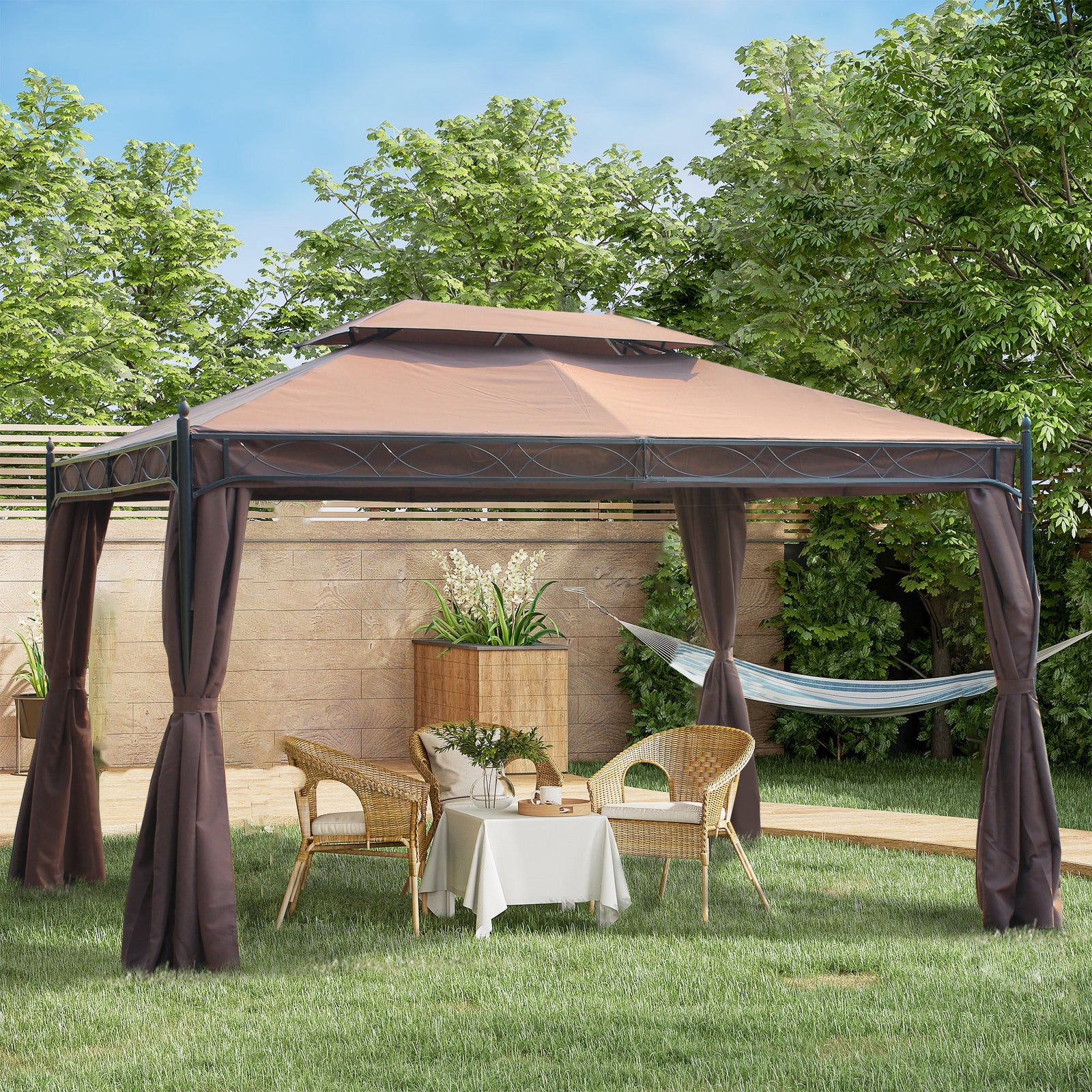 3 x 4m Garden Gazebo, Double Roof Marquee Canopy Shelter with Sidewalls, Solid Steel Frame for Garden, Lawn, Backyard and Deck