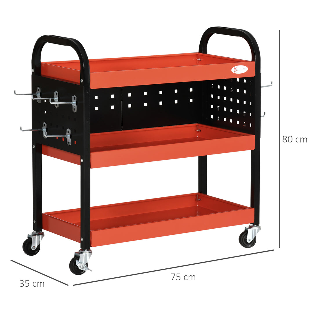 DURHAND 3 Tier Tool Cart, Shelf Storage Trolley with Wheels for Garage, Workshop, Warehouse, 10 Hooks, 100 kg Load, Red