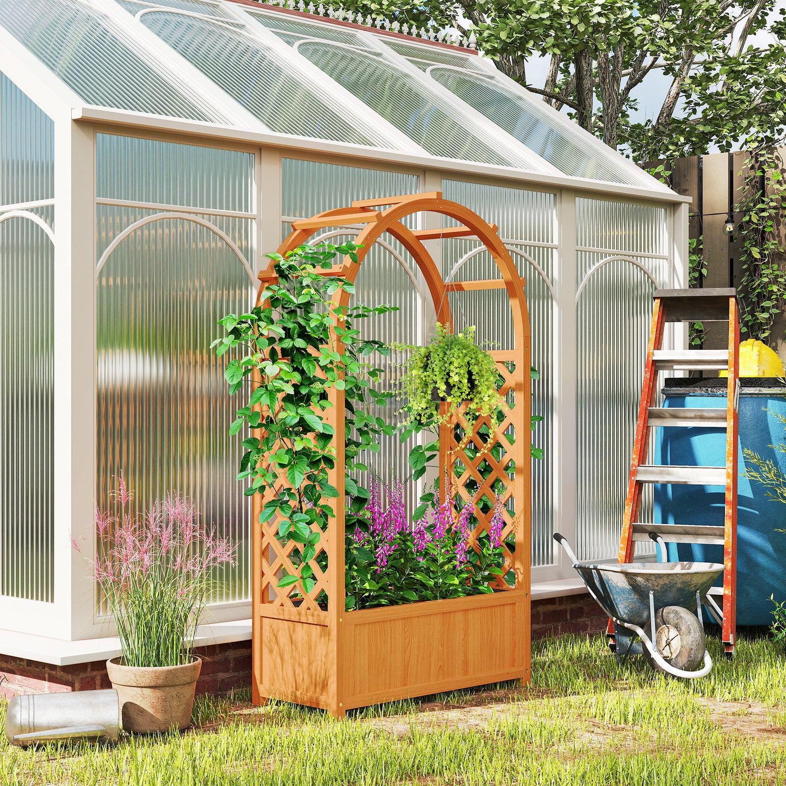 Wooden Raised Garden Bed with Trellis, Liner, Drainage Holes, for Vine Climbing Plants, Flowers, 83 x 36 x 145 cm