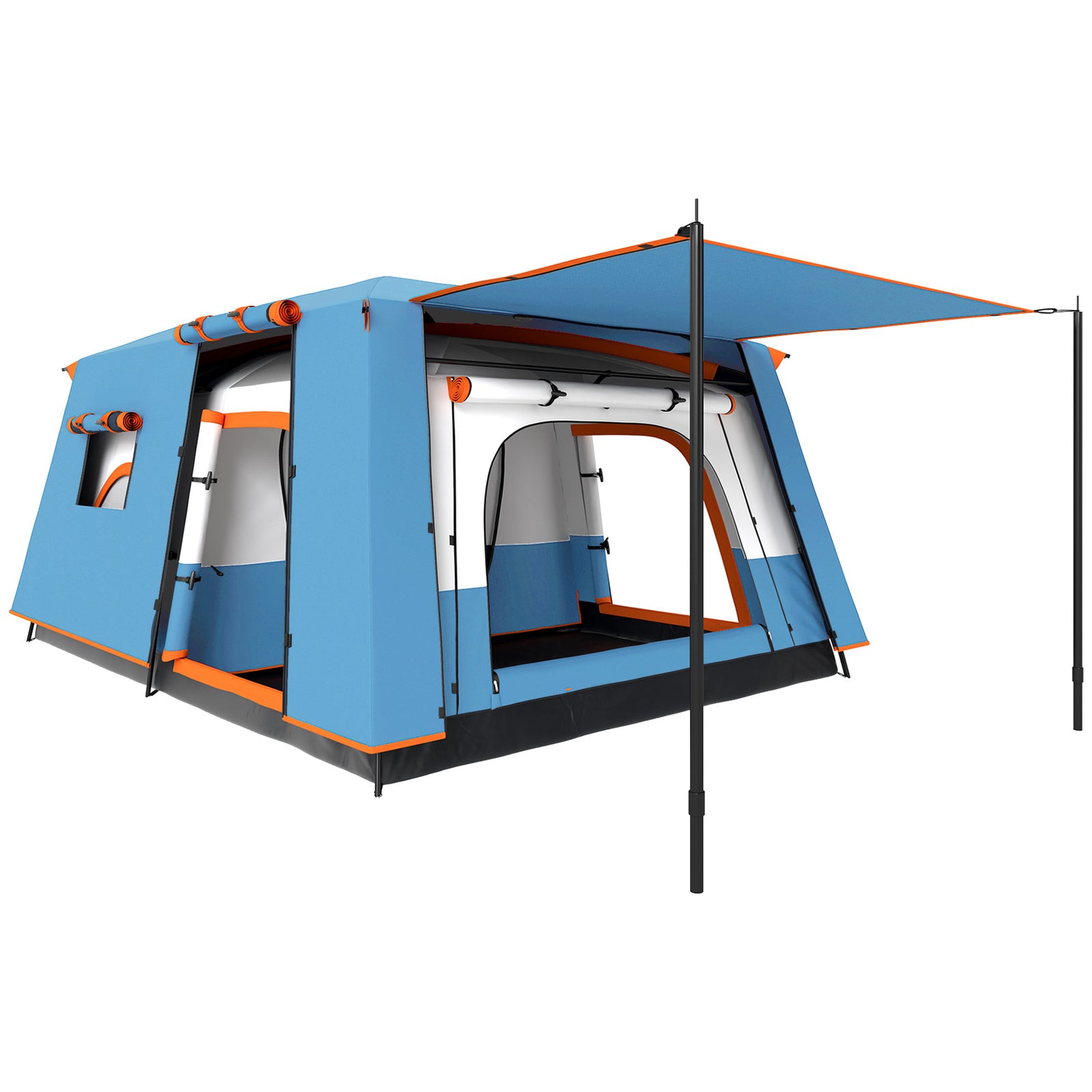 4-6 Man Camping Tent, Double Layer Tunnel Tent with Porch, Living Area and 2 Bedrooms, Sewn in Groundsheet, 3000mm Waterproof and UPF 30+, Portable with Bag, Blue