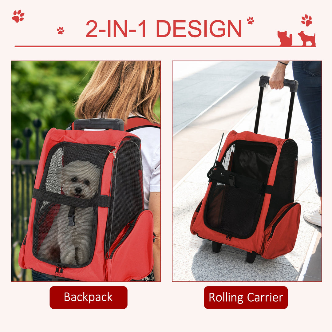Pet Travel Backpack Bag Cat Puppy Dog Carrier w/ Trolley and Telescopic Handle Portable Stroller Wheel Luggage Bag (Red)