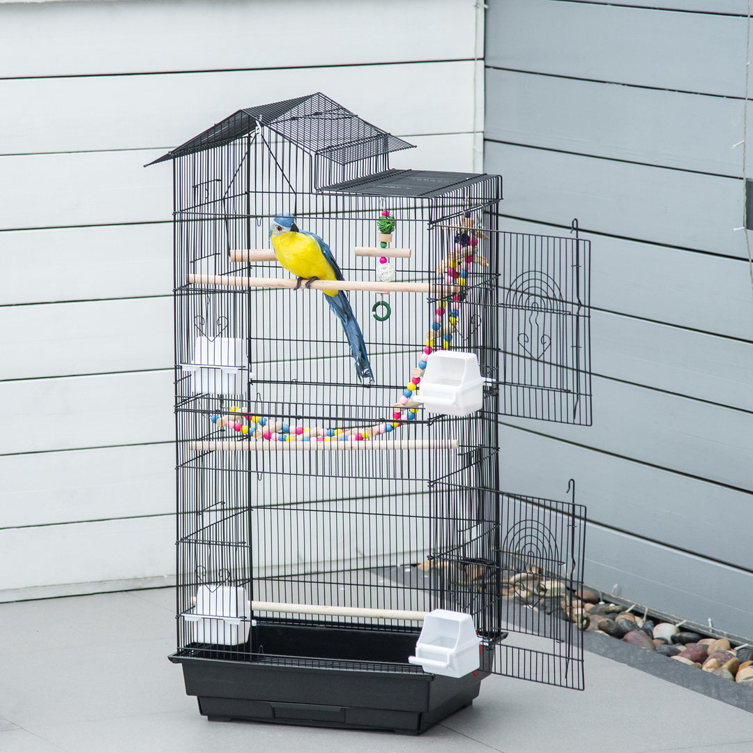 PawHut Bird Cage with Accessories, Suitable for Budgies, Finches, Canaries, Includes Toys, Tray, Handle, 46 x 36 x 100 cm, Black | Aosom UK