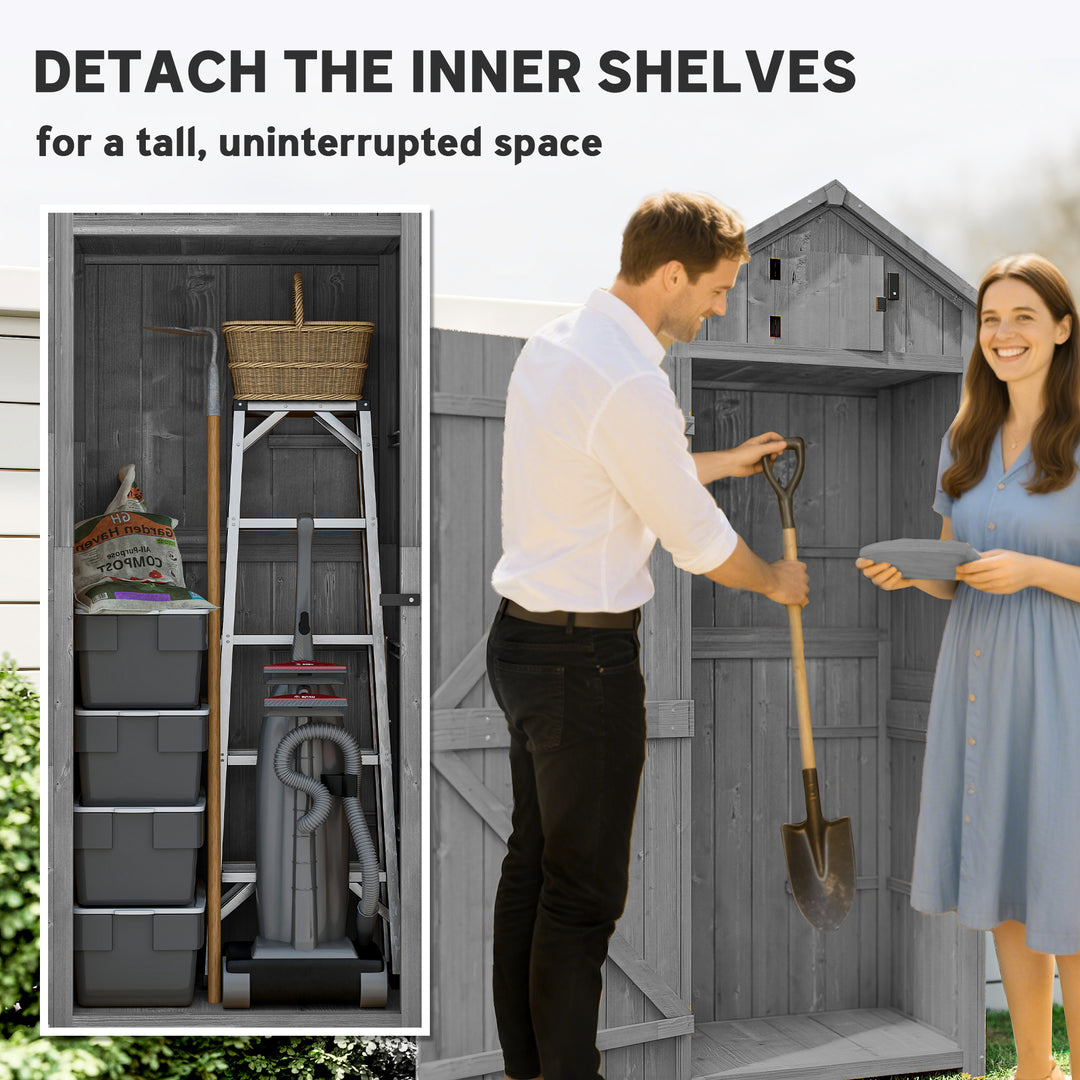 Wooden Garden Shed, Utility Outdoor Small Shed with Lockable Double Doors, Shelves and Roof Hatch, Grey