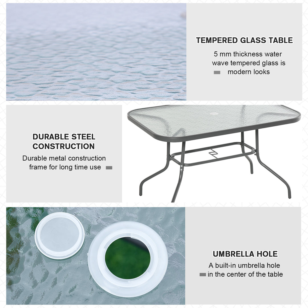 Garden Dining Table Glass Top Metal Frame with Parasol Hole Outdoor Balcony Grey 120L x 80Wcm