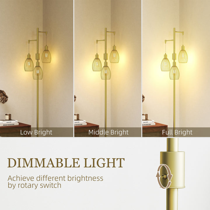 3-Light Floor Lamp, 170cm Industrial Dimmable Standing Lamp with Steel Wire Cage Lampshades for Living Room, Bedroom, Dining Room, Study, Gold Tone