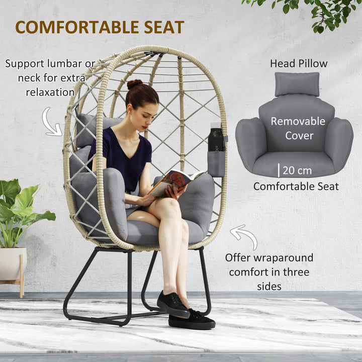 Rattan Egg Chair Outdoor Indoor Wicker Chair with Thickened Cushion and Headrest, Standing Garden Egg Chair with Cup Holder, Metal Frame for Patio, Balcony, Grey