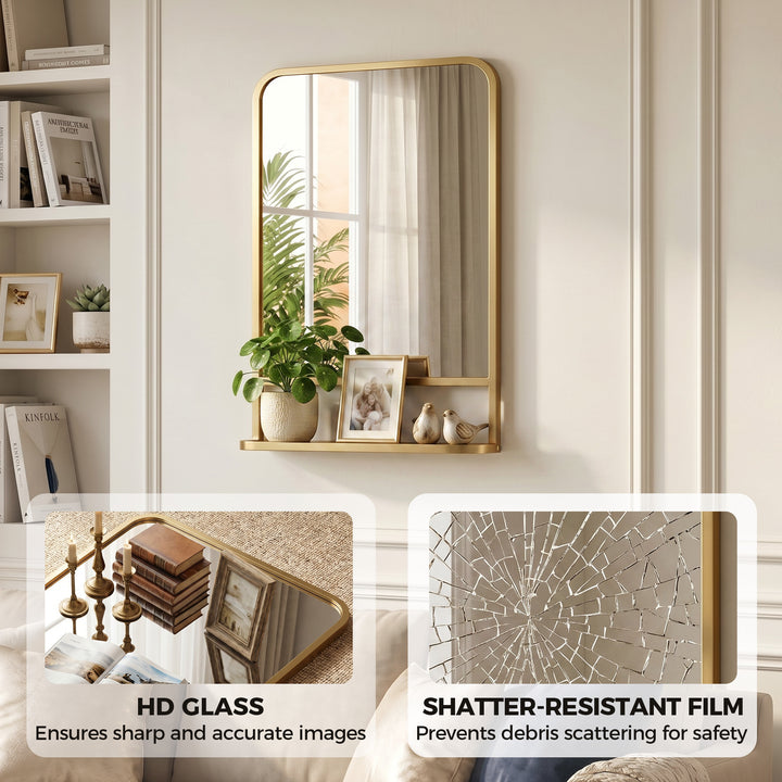 Modern Rectangular Wall Mirror with Storage Shelf, 70 x 50 cm, Gold To