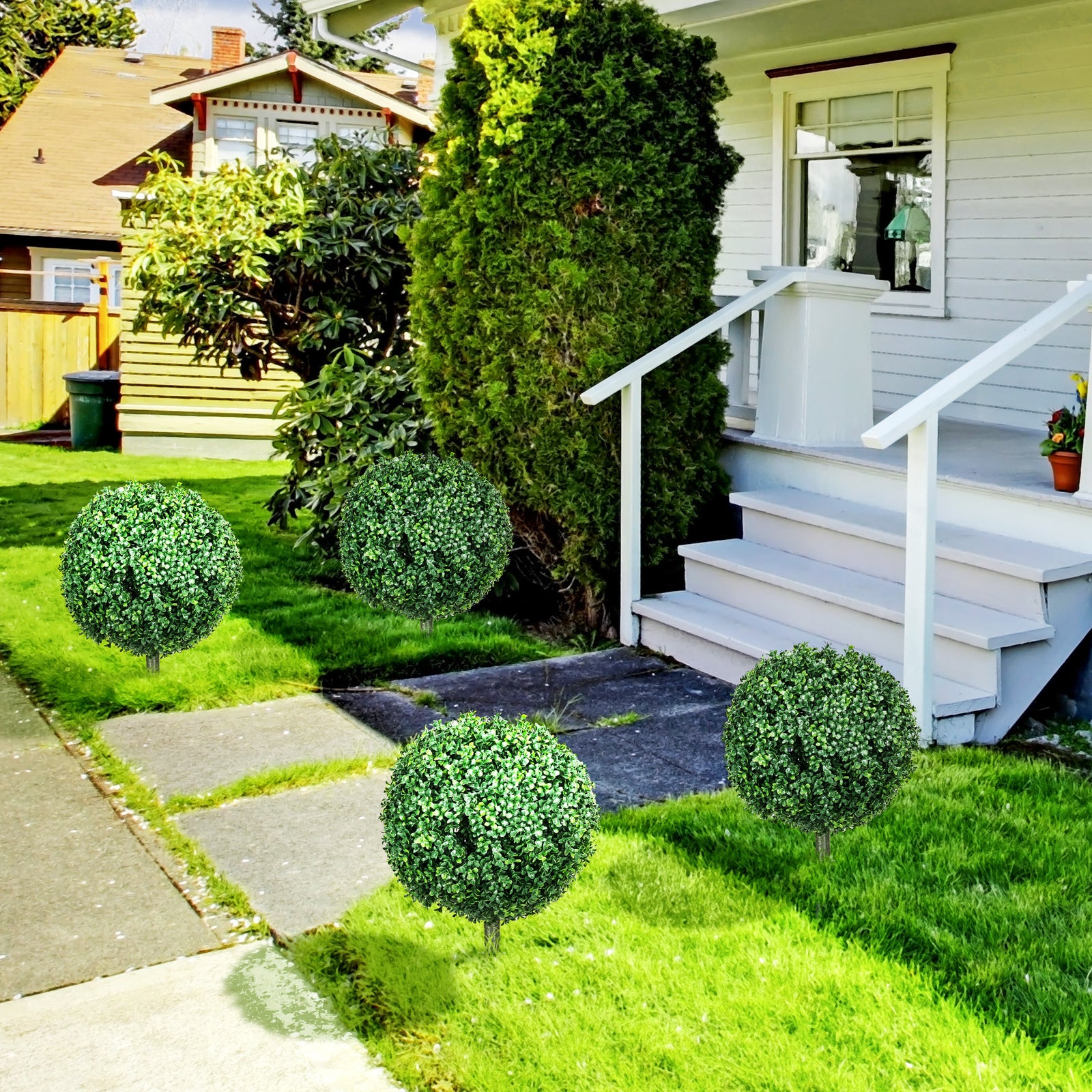 Artificial Boxwood Trees w/ Ground Stake, Set of 2 Ball Shaped Topiary