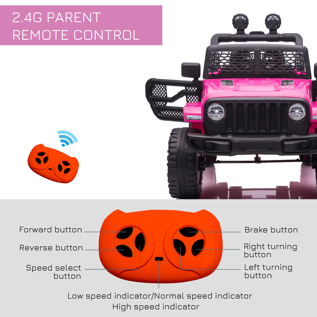 HOMCOM 12V Battery-powered 2 Motors Kids Electric Ride On Car Truck Off-road Toy with Parental Remote Control Horn Lights Suspension Wheels Pink