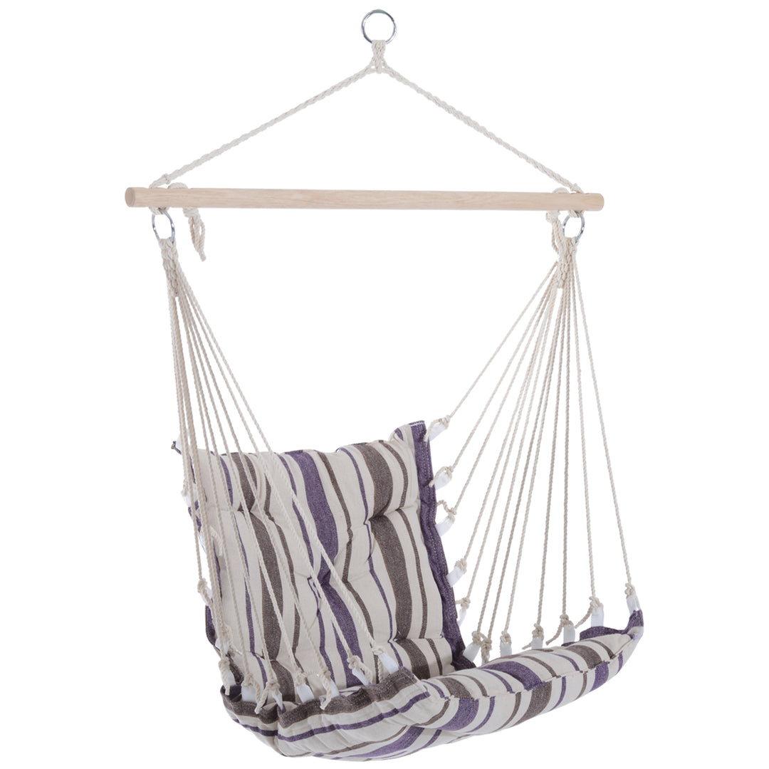 Outdoor Hanging Rope Chair with Soft Padded Seat & Backrest, Garden Hammock Chair with Wooden Support Bar Cotton Cloth, Portable Garden Chair for Patio & Tree, Brown