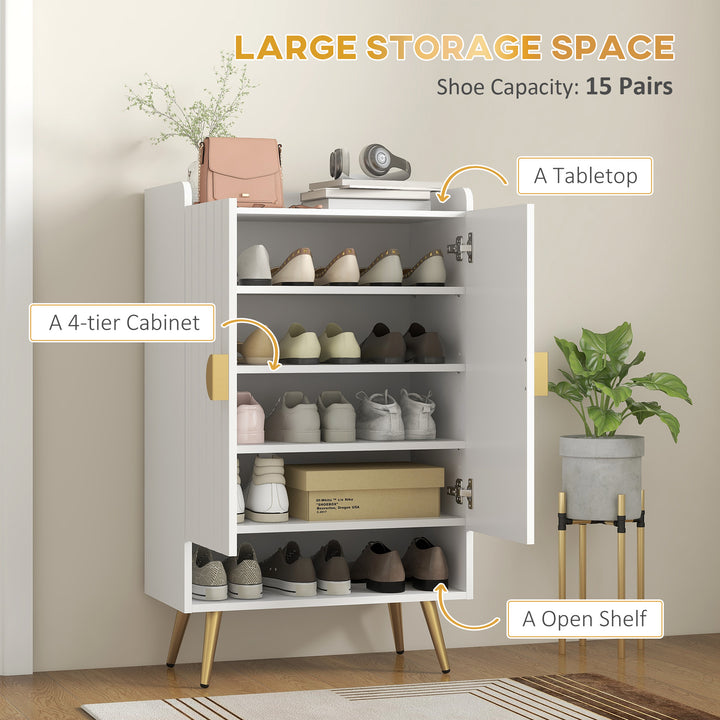 Modern Shoe Cabinet with 2 Doors, Open Shelf and Adjustable Shelves, 15 Pair Hallway Shoe Cupboard, Entryway Storage Unit, White