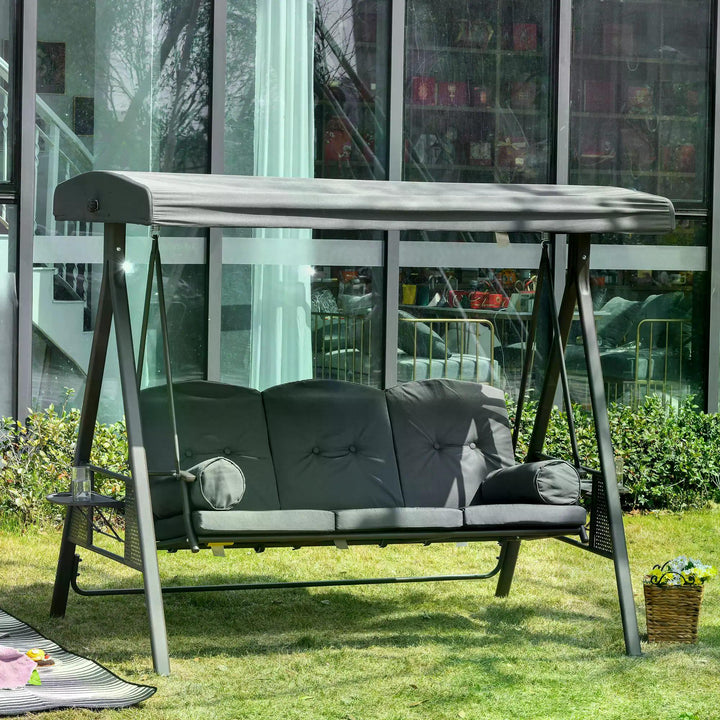 Outsunny 3 Seater Garden Swing Chair Outdoor Hammock Bench w/ Adjustable Canopy, Cushions and Cup Trays, Steel Frame, Dark Grey