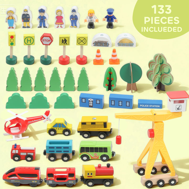 MCL 133-Piece Wooden Train Set, Toy Train with Crane, Storage Box, for Kids Ages 3+