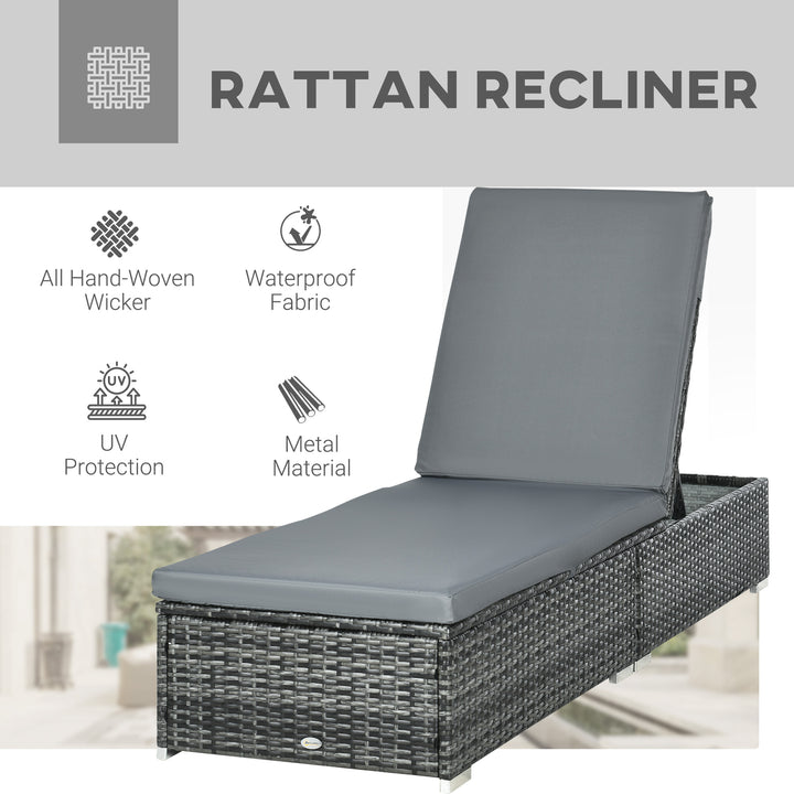 PE Rattan Sun Lounger, Five-level Adjustable Recliner Bed Chair with Soft Padded Cushion for Patio, Garden, Mixed Grey