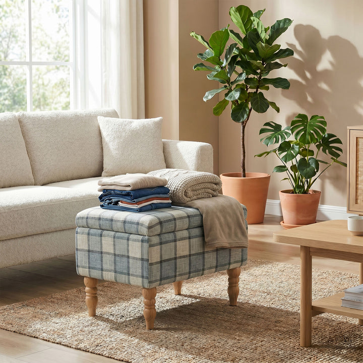 Linen Fabric Upholstered Footstool, Rectangular Storage Stool with Rem