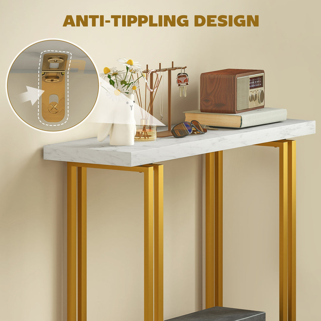 100 cm Console Table with Faux Marble Top, Narrow Entryway Table with Anti-tipping Device