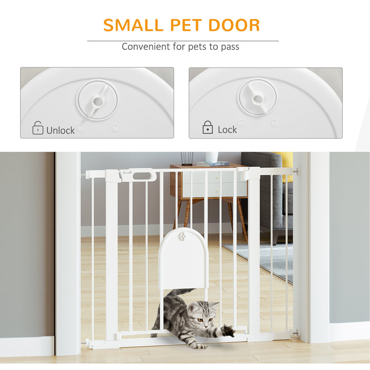 PawHut Dog Gate with Cat Flap Pet Safety Gate Barrier, Stair Pressure Fit, Auto Close, Double Locking, for Doorways, Hallways, 75-103 cm White