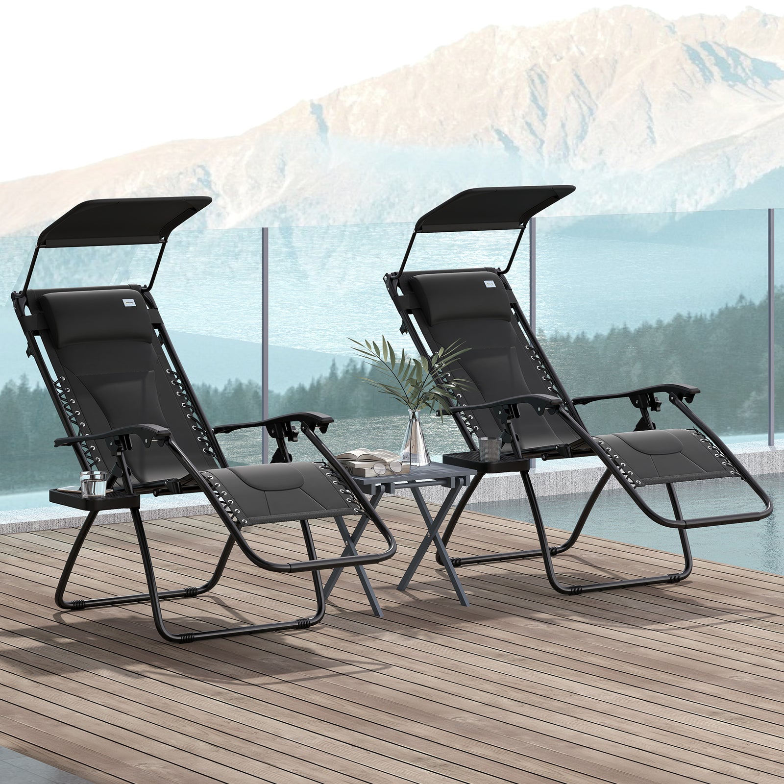 Zero Gravity Lounger Chair Set of 2, Folding Reclining Patio Chair with Shade Cover, Padded Seat, Cup Holder, Soft Cushion and Headrest for Poolside, Camping, Black